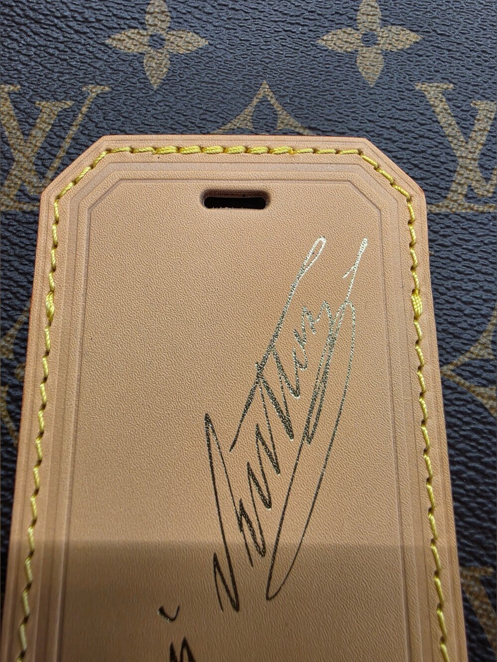 Louis Vuitton Tan Leather Signature Luggage Tag Name Tag with Yellow Stitching - Picture 3 of 10